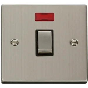 Click Scolmore Victorian Stainless Steel Black Insert 20A Ingot Double Pole Plate Switch With Neon