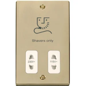 Click Scolmore Shaver Socket Dual Voltage 115/230V Polished Brass White Insert Victo