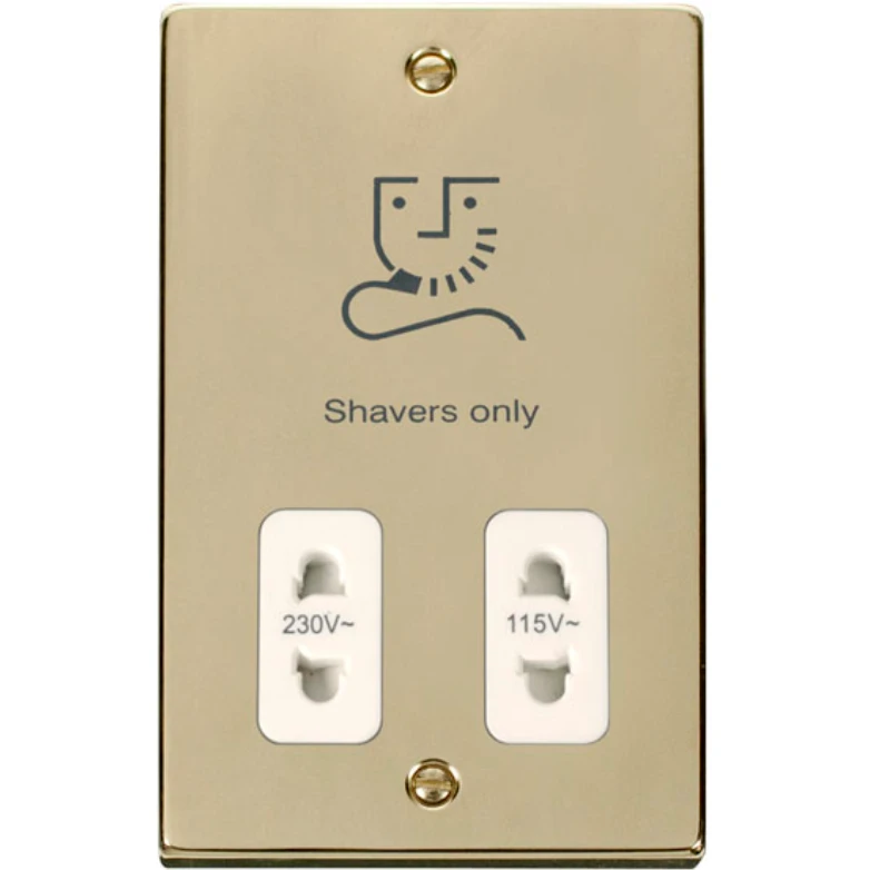 Click Scolmore Shaver Socket Dual Voltage 115/230V Polished Brass White Insert Victo - Image 2
