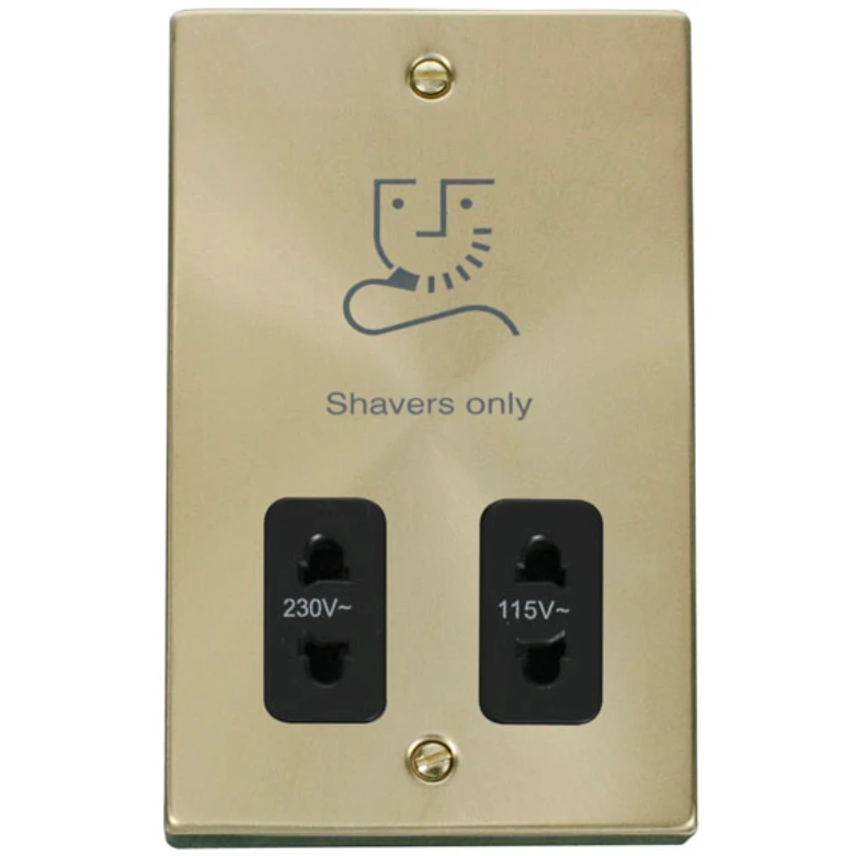 Click Scolmore Shaver Socket Dual Voltage 115/230V Sat Brass Black Insert Victori - Image 2