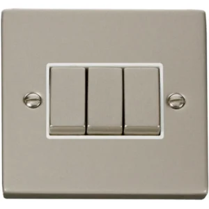 Click Scolmore Victorian Pearl Nickel White Insert 10AX Ingot 3 Gang 2 Way Plate Switch