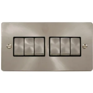 Click Scolmore Plate Switch 6 Gang 2 Way 10A Brushed Stainless Black Insert