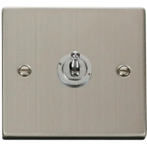 Click Scolmore Toggle Switch 1 Gang 2 Way 10A Stainless Steel Black&White Gasket