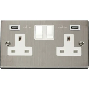 Click Scolmore Victorian Stainless Steel White Insert 13A 2 Gang Switched Socket Outlet With Twin USB (Total 42A) Outlets