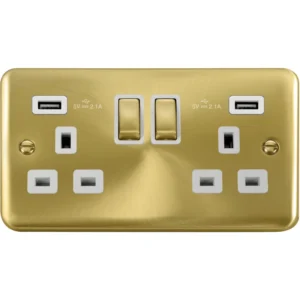 Click Scolmore Socket Ingot 2G Swd&Twin 2.1A USB Outlet 13A Sat Brass White Insert