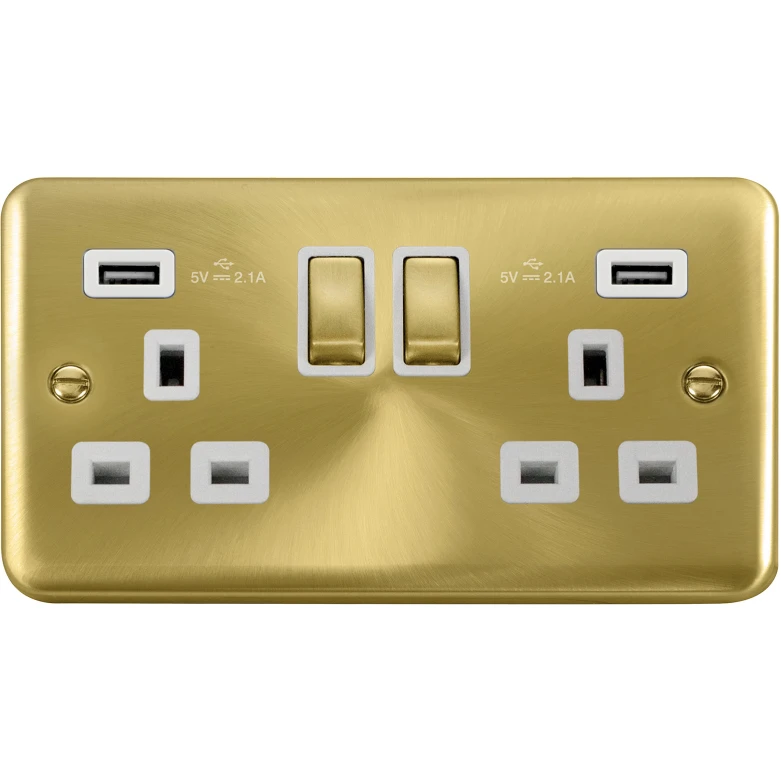 Click Scolmore Socket Ingot 2G Swd&Twin 2.1A USB Outlet 13A Sat Brass White Insert