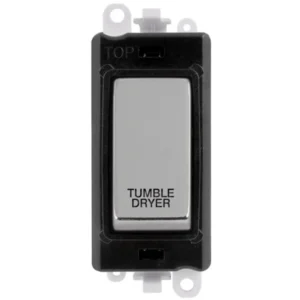 Click Scolmore Tumble Dryer Laser Etched Legend Black Frame 20AX Polished Chrome Double Pole Switch Module