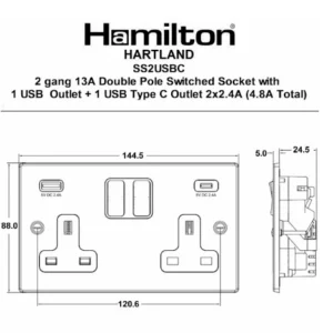 Hamilton Socket 2G DP Switched USB+C Outlet 13A 144X85mm Matt Black 2X2.4A Bl
