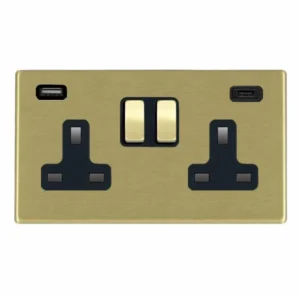 Hamilton Socket 2G DP Switched USB+C Outlets 13A 146X86mm Satin Steel 2X2.4A B