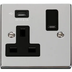 Click Scolmore Victorian Polished Chrome Black Insert 13A 1 Gang Switched Socket Outlet With Single 2.1A USB Outlet