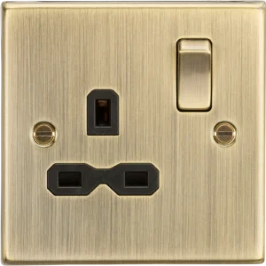 Knightsbridge MLA 13A 1G DP Switched Socket with Black Insert - Square Edge Antique Brass