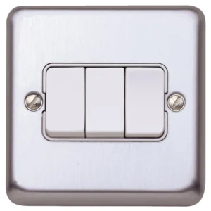MK Electric Plate Switch 3 Gang 2 Way SP 10A Brushed Chrome