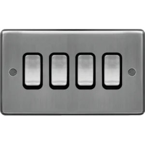 Hager Plate Switch 4 Gang 2 Way 10Ax Brushed Steel Black Insert
