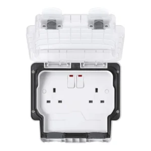 MK Electric Weatherproof Socket 2 Gang 13A Switched IP66 White/Clear Cover