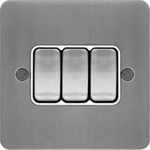 Hager Plate Switch 3 Gang 2 Way 10Ax Brushed Steel White Insert