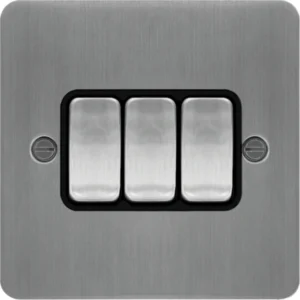 Hager Plate Switch 3 Gang 2 Way 10Ax Brushed Steel Black Insert