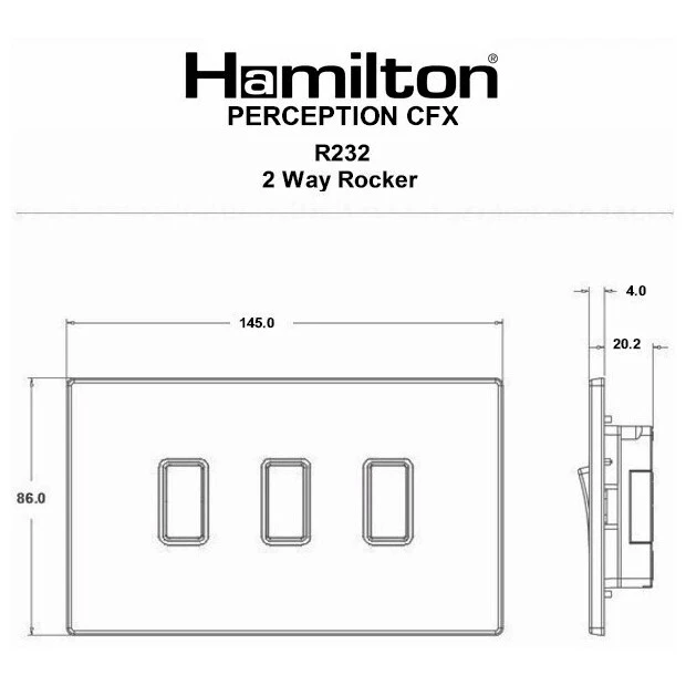 Hamilton Switch Rocker 3 Gang 2 Way 20A 86X146mm White White Surround - Image 2