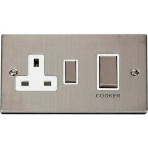 Click Scolmore Victorian Stainless Steel White Insert 45A Ingot 2 Gang Double Pole Switch With 13A Double Pole Switched Socket Outlet
