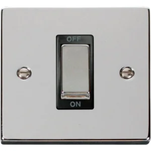 Click Scolmore Switch 1 Gang DP 45A Polished Chrome Black Insert Victorian