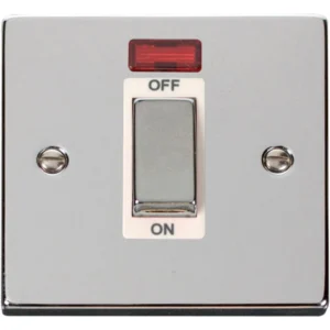 Click Scolmore Victorian Polished Chrome White Insert 45A Ingot 1 Gang Double Pole Plate Switch With Neon