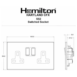 Hamilton Socket 2 Gang DP Switched 13A 86X145mm PriMedium White Black Insert/Blac