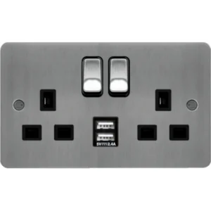 Hager Socket 2 Gang DP Switched Dual Earth 13A Brushed Steel 2X2.4A USBs&Bl