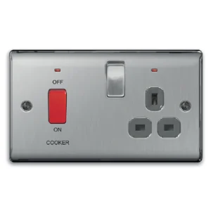 Newlec Cooker Control Unit Decorative Raised Edge 2 Gang 45A Brushed Steel with Socket+LED