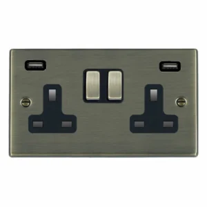 Hamilton Socket 2 Gang Single Pole Switched USBs 13A 85 x 145mm Antique Brass/Black