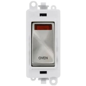 Click Scolmore Oven Laser Etched Legend Polar White Frame 20AX Satin Chrome Double Pole Switch With Neon Module