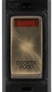 Click Scolmore Cooker Hood Laser Etched Legend Black Frame 20AX Antique Brass Double Pole Switch With Neon Module
