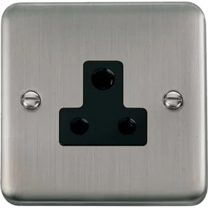 Click Scolmore Socket 1 Gang UnSwitched Round Pin 5A Stainless Steel Black Insert