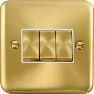 Click Scolmore Plate Switch Ingot 3 Gang 2 Way 10Ax Satin Brass White Insert