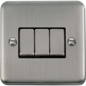 Click Scolmore Plate Switch Ingot 3 Gang 2 Way 10Ax Stainless Steel Black Insert