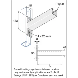Unistrut Cantilever Arm For P1000 Channel 41 x 41 Plain 750mm Steel Hot Dipped Galvanised