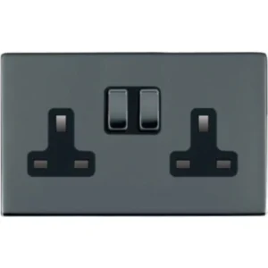 Hamilton Socket Switched 2 Gang 13A 146X86mm Black Nickel Black Insert