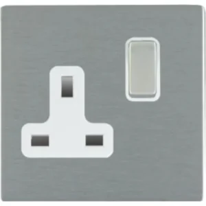 Hamilton Socket Switched 1 Gang 13A 86X86mm Satin Steel White Insert