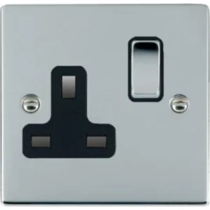 Hamilton Socket 1 Gang Switched 13A 86X86mm Bri Chr/Bri Chrome Black Insert