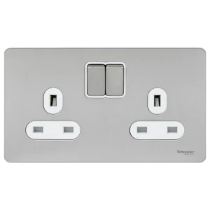 Schneider Electric Socket 2 Gang Single Pole Switched Screwless 13A Stainless Steel White Insert