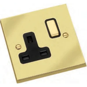 Hamilton Socket 1 Gang Switched 13A 88X88mm Polished Brass Black Insert