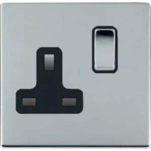 Hamilton Socket Switched 1 Gang 13A 86X86mm Bright Chrome Black Insert