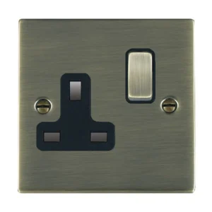 Hamilton Socket 1 Gang Switched 13A 86X86mm Antique Brass/Ant Brushed Black Insert