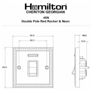 Hamilton Switch Rocker Red 1 Gang Dp+Neon 45A 88X88mm Polished Brass Black In