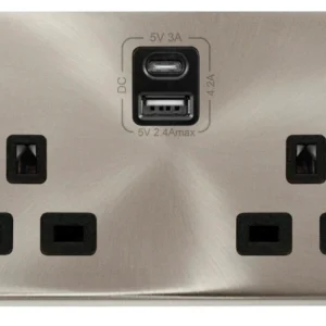 Click Scolmore Deco Satin Chrome Ingot 2 Gang 13A 1x USB-A 1x USB-C 4.2A Switched Socket Black Insert