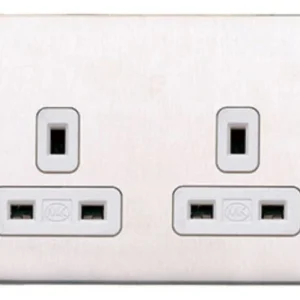 MK Electric Brushed Stainless Steel  White Insert 13A 2 Gang Dual Earth Socket Outlet