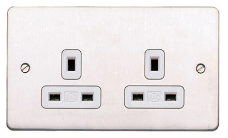 MK Electric Brushed Stainless Steel White Insert 13A 2 Gang Dual Earth Socket Outlet - Image 2
