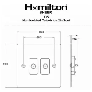 Hamilton Socket 2 Gang Tv Coax 86X86mm Satin Steel White Insert