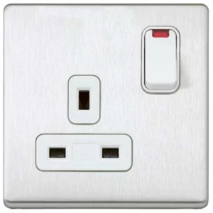 MK Electric Socket 1 Gang Switched DP Neon Dual Earth 13A Brushed Stainless Steel Wh