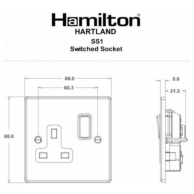 Hamilton Socket 1 Gang Switched 13A 88X88mm Satin Brass White Insert