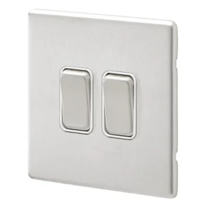 MK Electric 2 Gang 2 Way Single Pole 20A Brushed Stainless Steel White Inserts Plate Switch