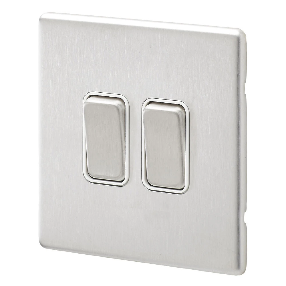 MK Electric 2 Gang 2 Way Single Pole 20A Brushed Stainless Steel White Inserts Plate Switch